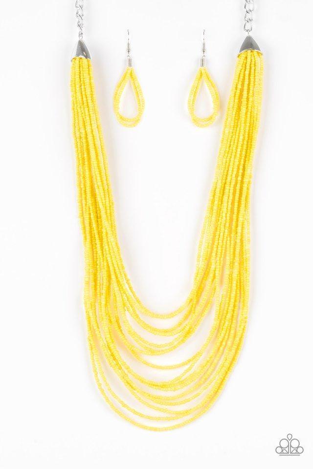 Paparazzi Accessories Peacefully Pacific - Yellow Infused with two bold silver fittings, row after row of sunny yellow seed beads layer across the chest for a seasonal fashion. Features an adjustable clasp closure. Sold as one individual necklace. Include