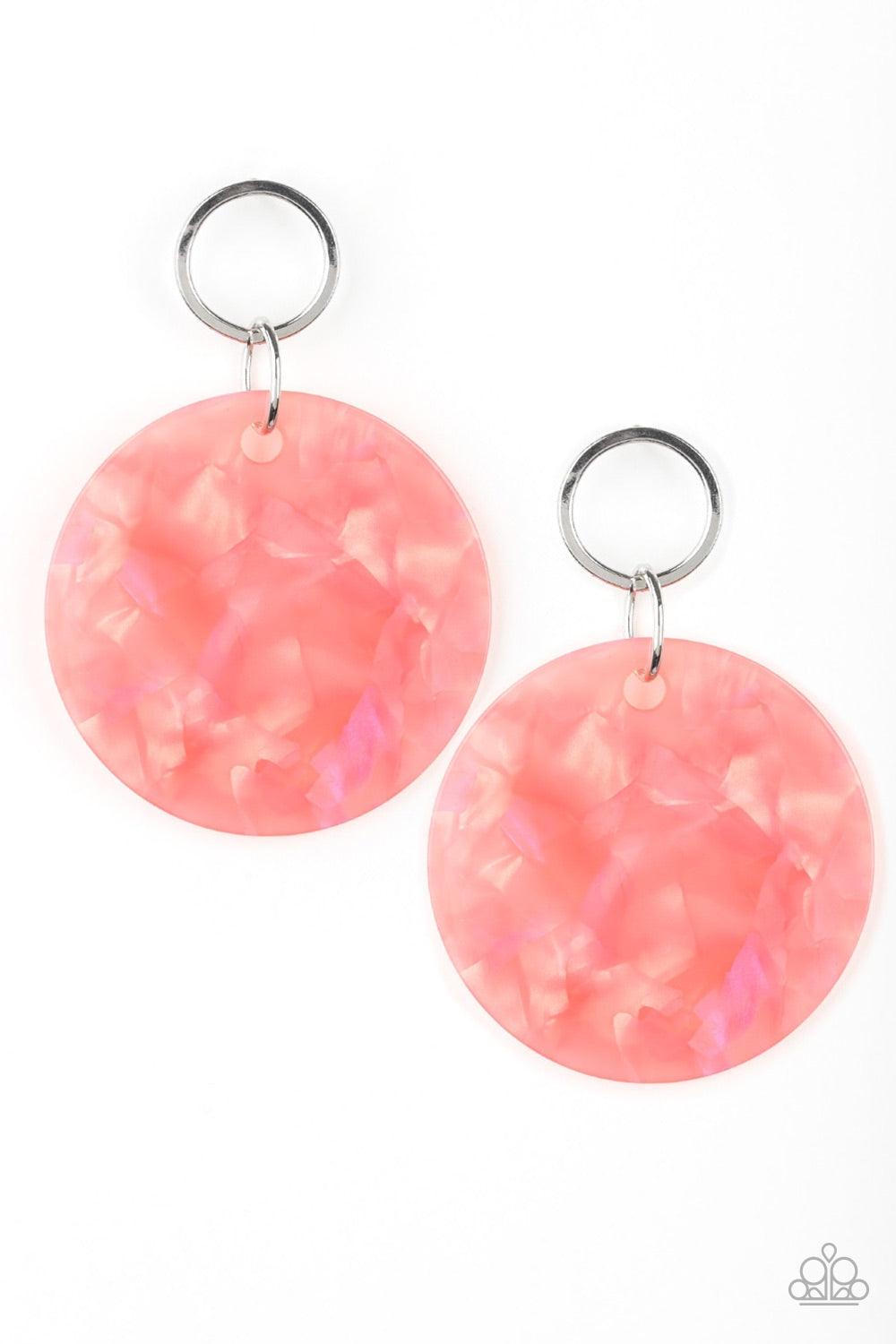 Paparazzi Accessories Beach Bliss - Orange Brushed in a shell-like iridescence, a shimmering acrylic frame swings from the bottom of a dainty silver hoop for a summery flair. Earring attaches to a standard post fitting. Jewelry