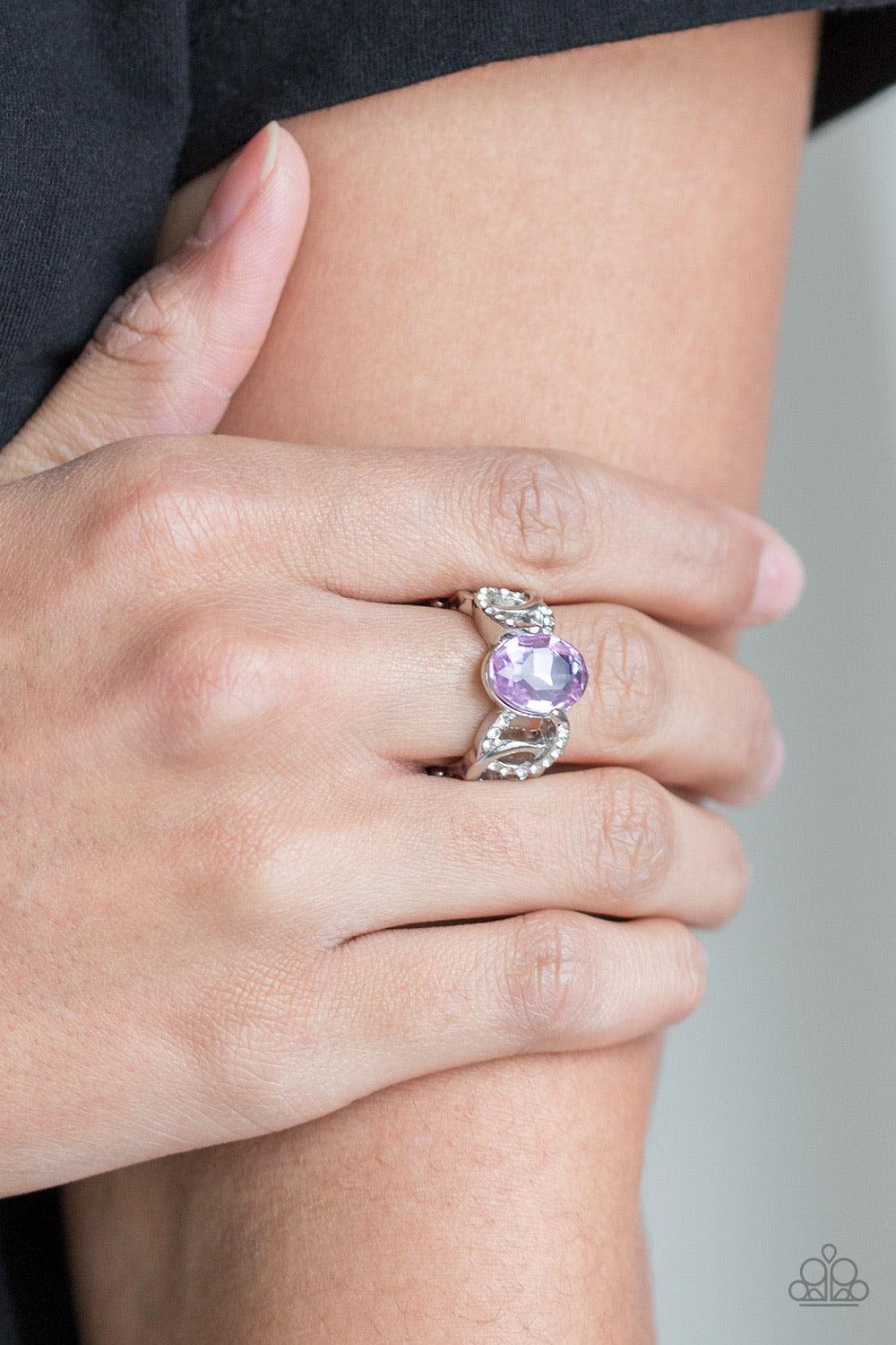 Paparazzi Accessories Supreme Bling - Purple White rhinestone encrusted frames and shiny silver frames link across the finger, coalescing into an airy band. A glittery purple rhinestone is pressed into the center of the band for a glamorous finish. Featur