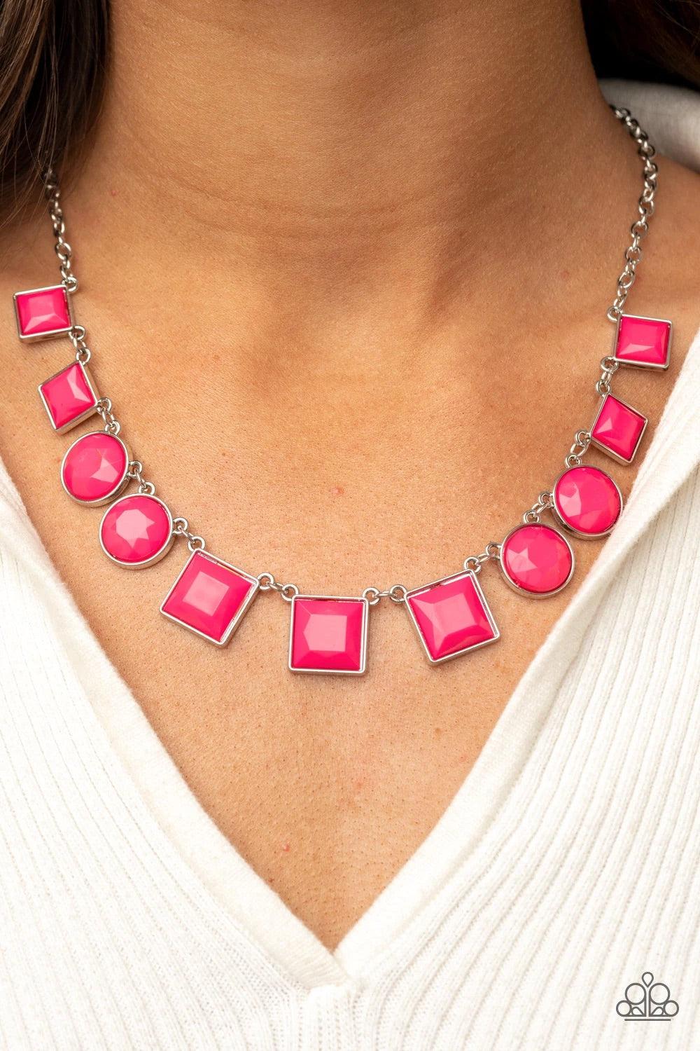 Paparazzi Accessories Tic Tac TREND - Pink Bright geometric square and round beads in the Pantone® of Raspberry Sorbet are pressed into simple silver frames to create a lively statement below the collar. Features an adjustable clasp closure. Sold as one i