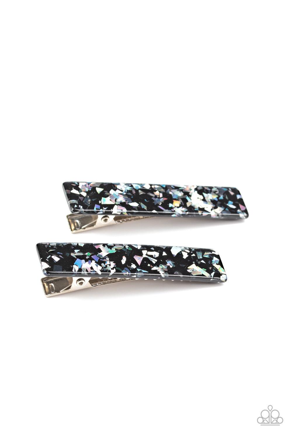 Paparazzi Accessories Playing HAIR Guitar - Multi Featuring silvery iridescent flecks, a pair of black rectangular hair clips pull back the hair for a retro look. Features a standard hair clip on the back. Sold as one pair of hair clips. Hair Accessories