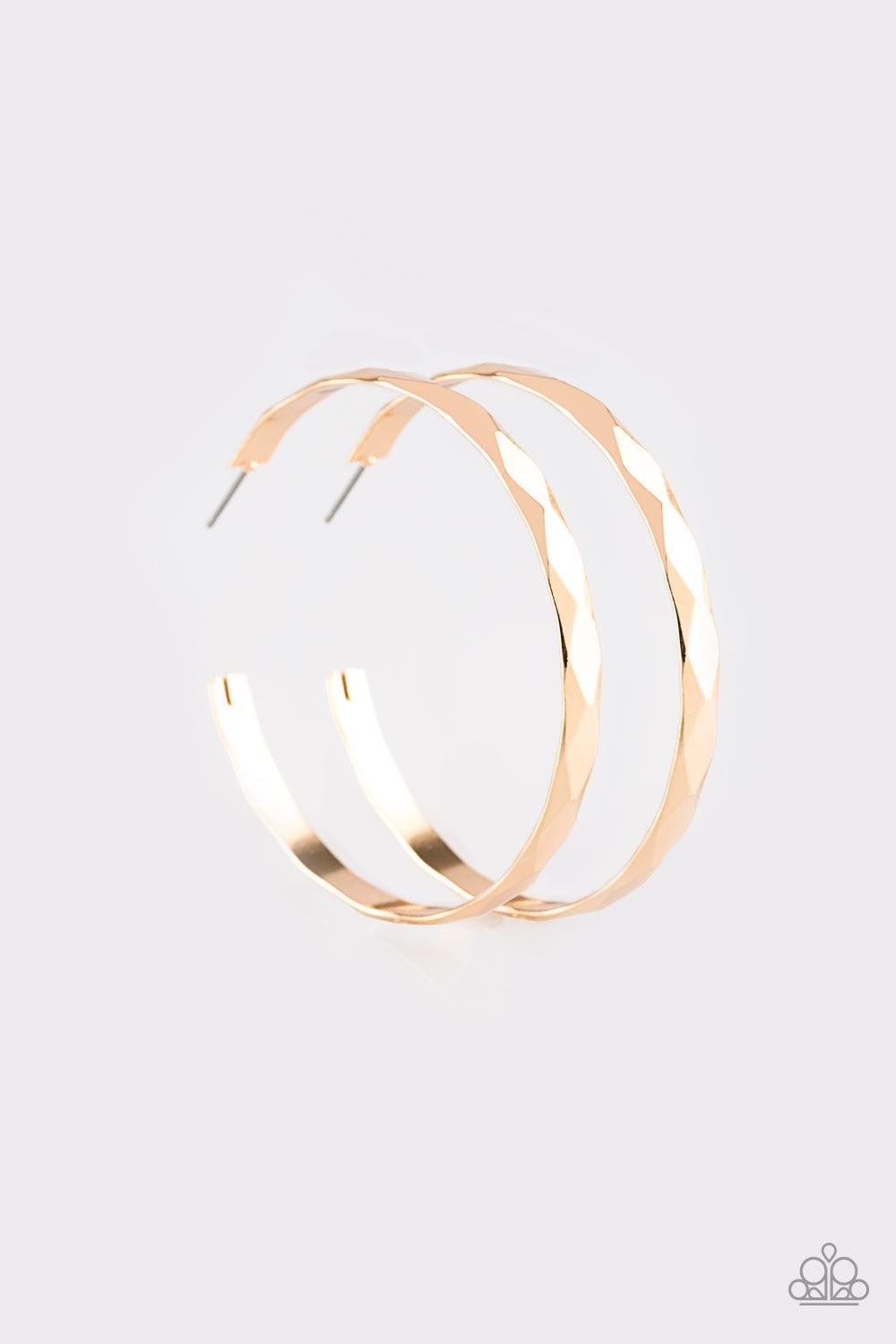 Paparazzi Accessories Hey, HAUTE Stuff - Gold Featuring edgy diamond-cut texture, a glistening gold hoop curls around the ear in a bold industrial fashion. Earring attaches to a standard post fitting. Hoop measures 2 1/4โ in diameter. Jewelry