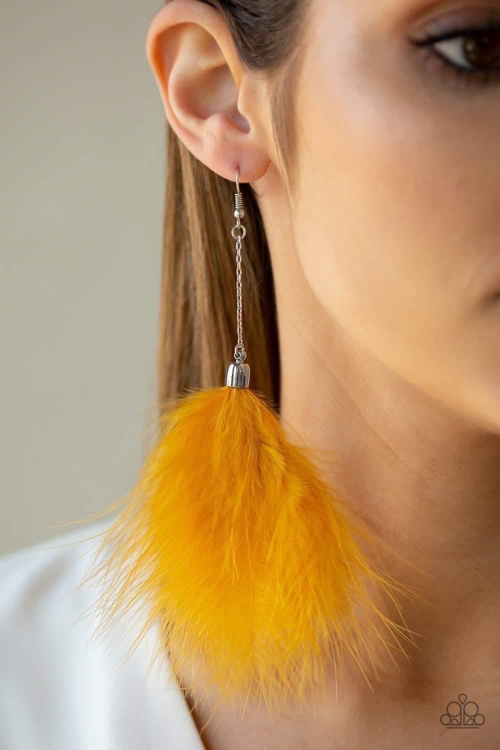 Paparazzi Accessories Birds of Paradise - Yellow Attached to a shimmery silver chain, a soft yellow feather falls from the ear for a colorful statement-making look. Earring attaches to a standard fishhook fitting. Jewelry