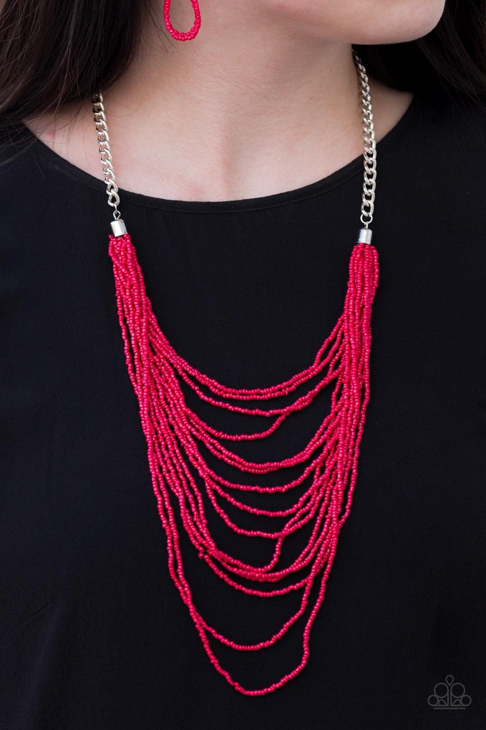 Paparazzi Accessories Bora Bombora - Red Row after row of fiery red seed beads cascade down the chest, creating summery layers. Features an adjustable clasp closure. Jewelry