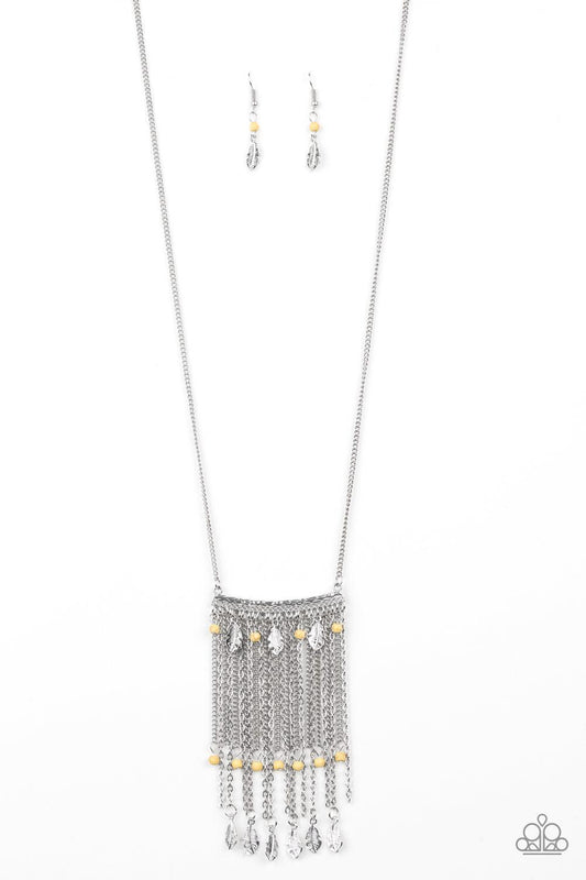 Paparazzi Accessories On The Fly - Yellow Attached to a lengthened silver chain, a hammered silver bar gives way to a fringe of shimmery silver chain, yellow stone beads, and silver feather frames for a seasonal look. Features an adjustable clasp closure.