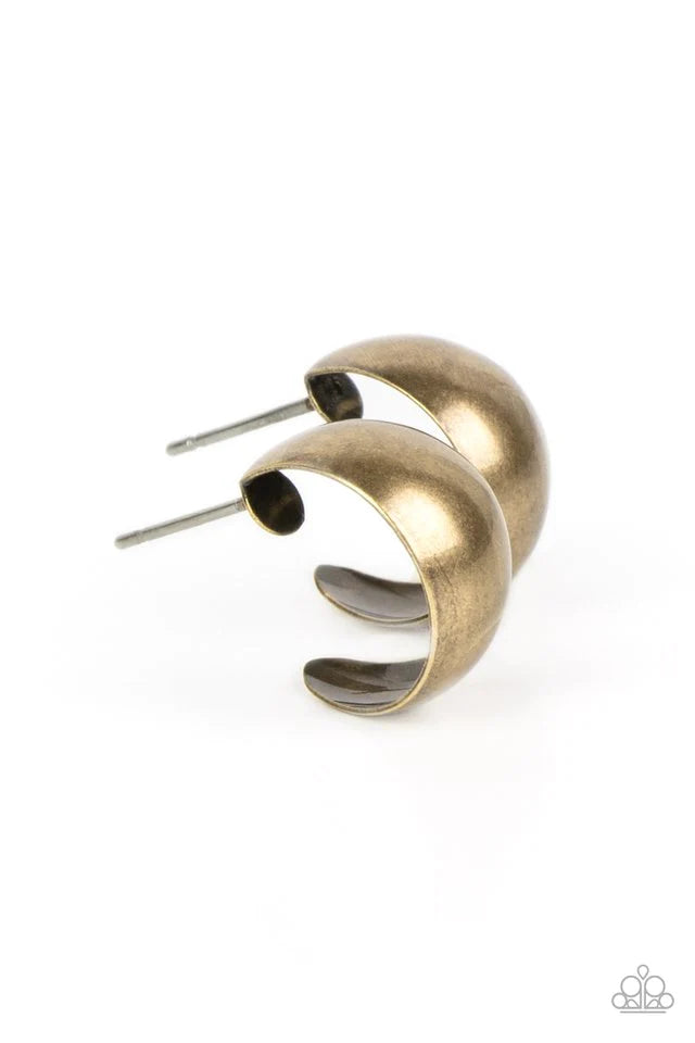 Paparazzi Accessories Burnished Beauty - Brass A thick bar of brass curls around the ear into a fashionable hoop. The dramatic curvature of the hoop is heightened by its high sheen finish, making a lasting impression. Earring attaches to a standard post f