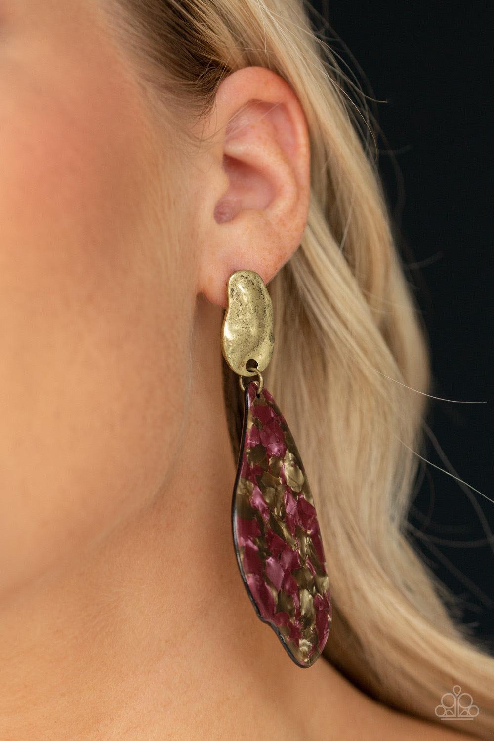 Paparazzi Accessories Fish Out of Water - Brass Featuring a faux marble finish, a colorful acrylic frame swings from the bottom of an abstract brass fitting for a retro vibe. Earring attaches to a standard post fitting. Color may vary. Jewelry