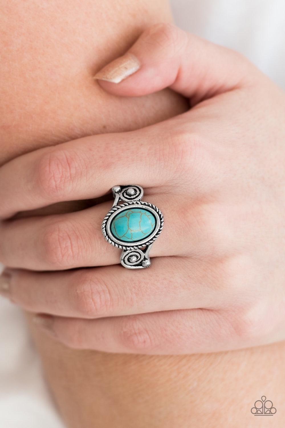 Paparazzi Accessories Cactus Creek - Blue Brushed in an antiqued shimmer, glistening ribbons of silver swirl into an ornate band. A refreshing turquoise stone is pressed into the center of a textured silver frame for a seasonal finish. Features a dainty s