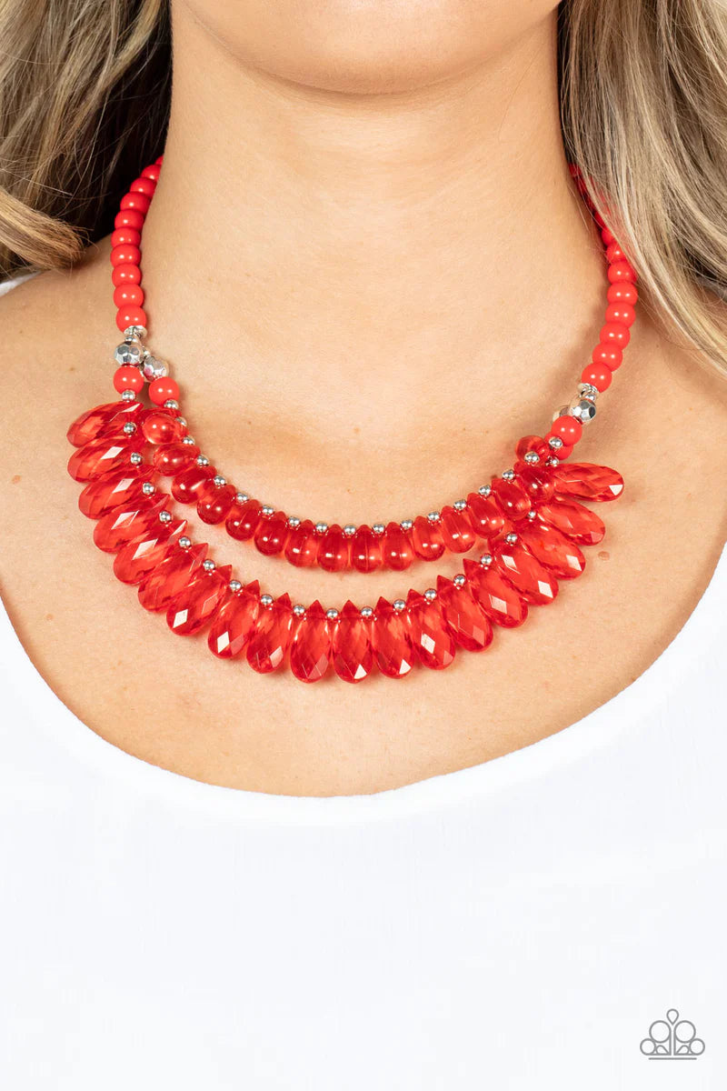 Paparazzi Accessories All Across The GLOBETROTTER - Red Varying in size, a glassy collection of red teardrops alternate with dainty silver beads in two rows below the collar for a glamorous pop of color. Features an adjustable clasp closure. Sold as one i
