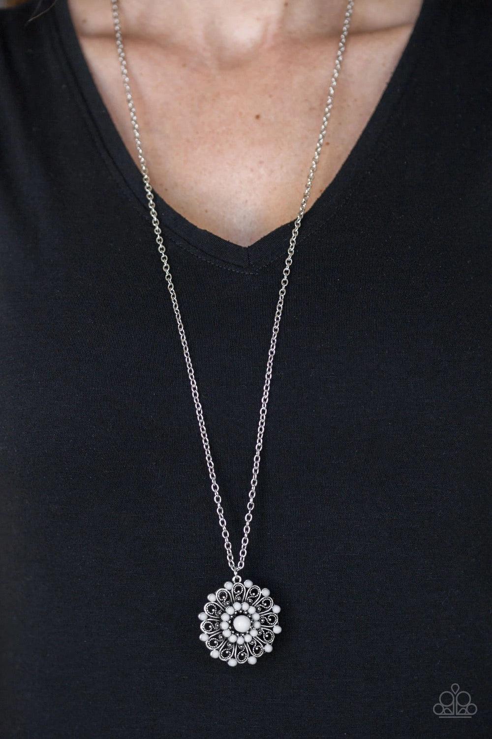 Paparazzi Accessories Boho Bonanza - Silver Neutral gray beads are sprinkled along ornate silver petals, creating a colorful floral frame. The whimsical pendant swings from the bottom of a lengthened silver chain for a seasonal look. Features an adjustabl