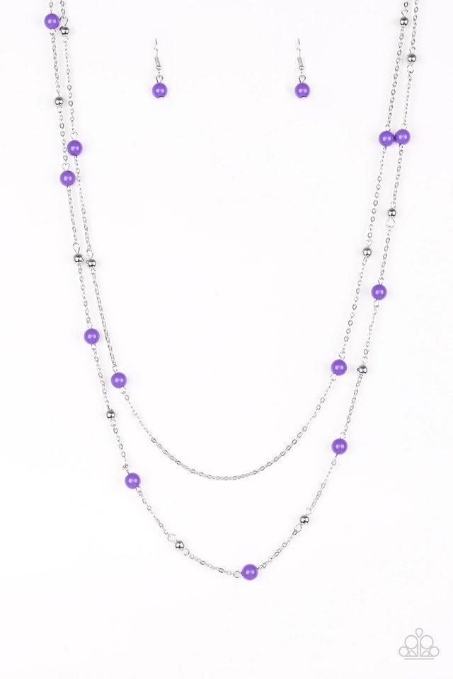 Paparazzi Accessories Beach Party Pageant - Purple Vivacious purple and dainty silver beads trickle along two shimmery silver chains, creating colorful layers down the chest. Features an adjustable clasp closure. Sold as one individual necklace. Includes