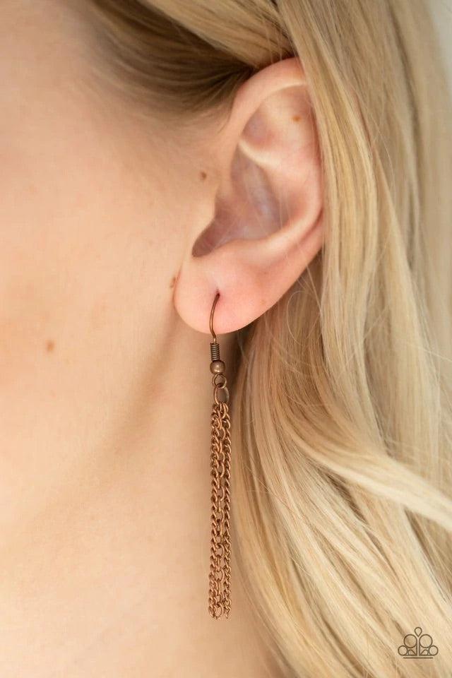 Paparazzi Accessories Homestead Harvest - Copper Embossed in a whimsical floral pattern, a fringed frame swings from the uppermost chain above a copper chain featuring dainty copper beading. Infused with a plain chain, the glistening copper chains layer d