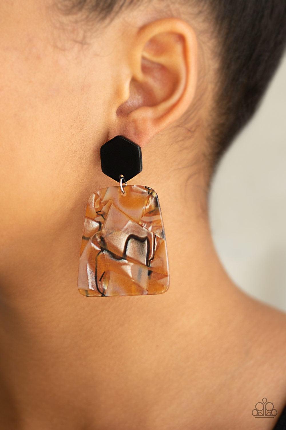 Paparazzi Accessories Majestic Mariner - Brown Featuring a faux-marble finish, a brown acrylic frame swings from the bottom of a black hexagon frame for a retro look. Earring attaches to a standard post fitting. Jewelry