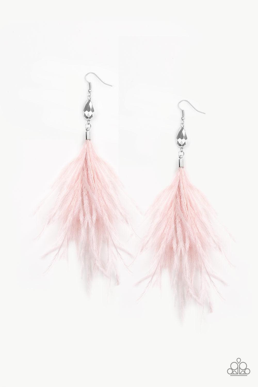 Paparazzi Accessories Showgirl Showcase - Pink A plume of pink feathers flare out from the bottom of a faceted hematite bead, creating a glamorous tassel. Earring attaches to a standard fishhook fitting. Jewelry