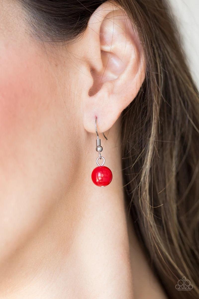 Paparazzi Accessories Summer Showdown - Red Fiery red beads and curved silver teardrops swing from the bottom of interlocking silver chains, creating a flirtatious fringe below the collar. Features an adjustable clasp closure. Sold as one individual neckl
