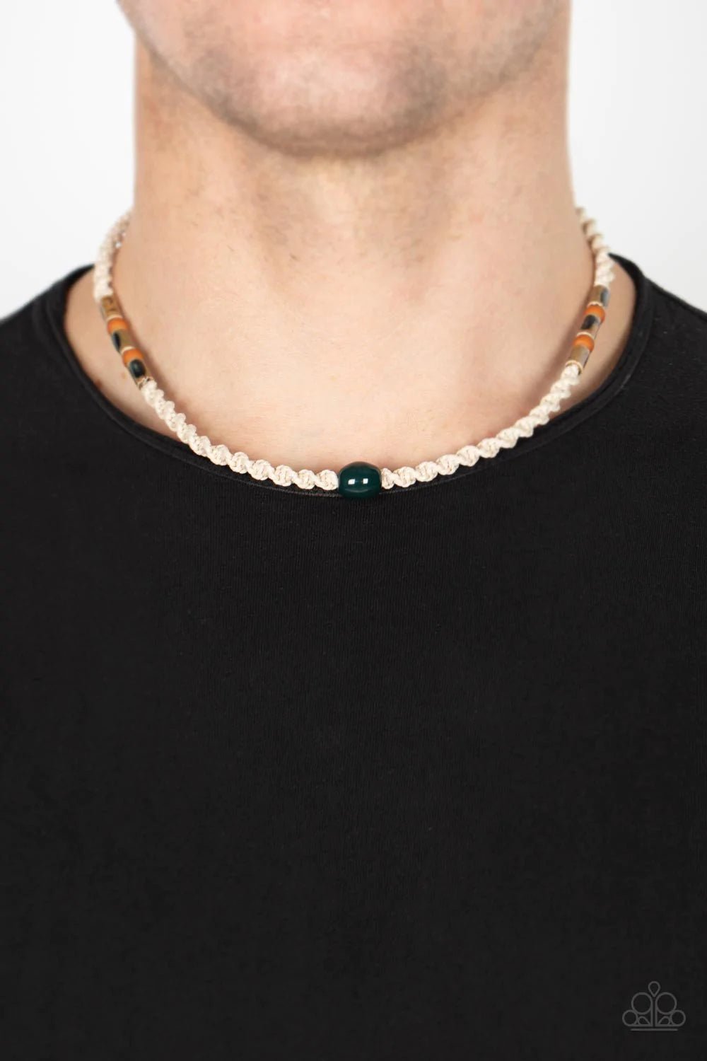Paparazzi Accessories Positively Pacific - Green Featuring glazed, matte, and polished finishes, an earthy collection of brown and green beads are knotted in place along a braided twine-like cord below the collar, creating an authentically urban centerpie