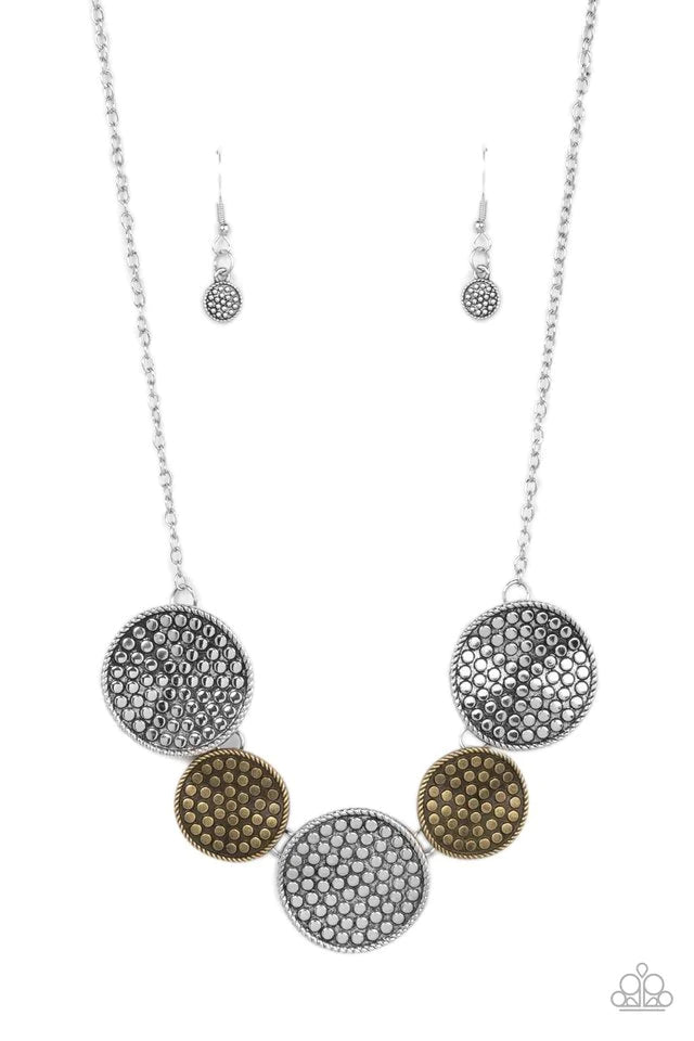 Paparazzi Accessories Self DISC-overy - Multi Embossed in a dotted motif, a rustic collection of warped silver and brass discs ruggedly links below the collar for an artisan inspired fashion. Features an adjustable clasp closure. Sold as one individual ne