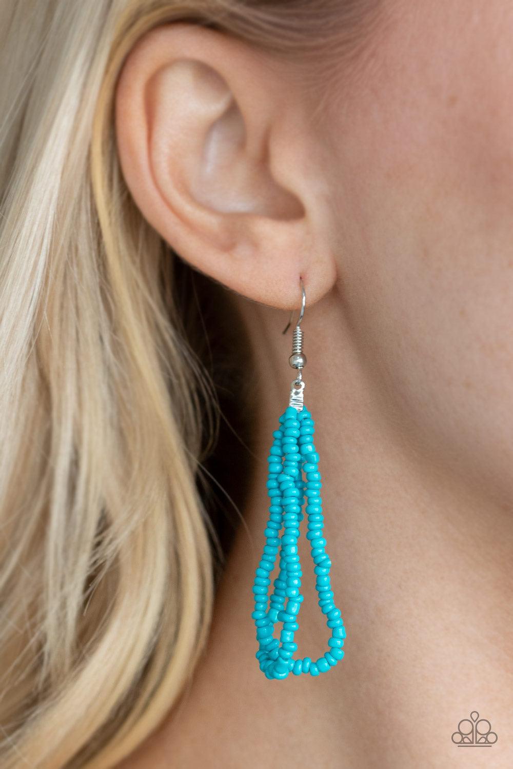 Paparazzi Accessories Congo Colada - Blue Suspended between two silver fittings, strands of countless turquoise seed beads layer across the chest for a vivacious look. Features an adjustable clasp closure. Jewelry