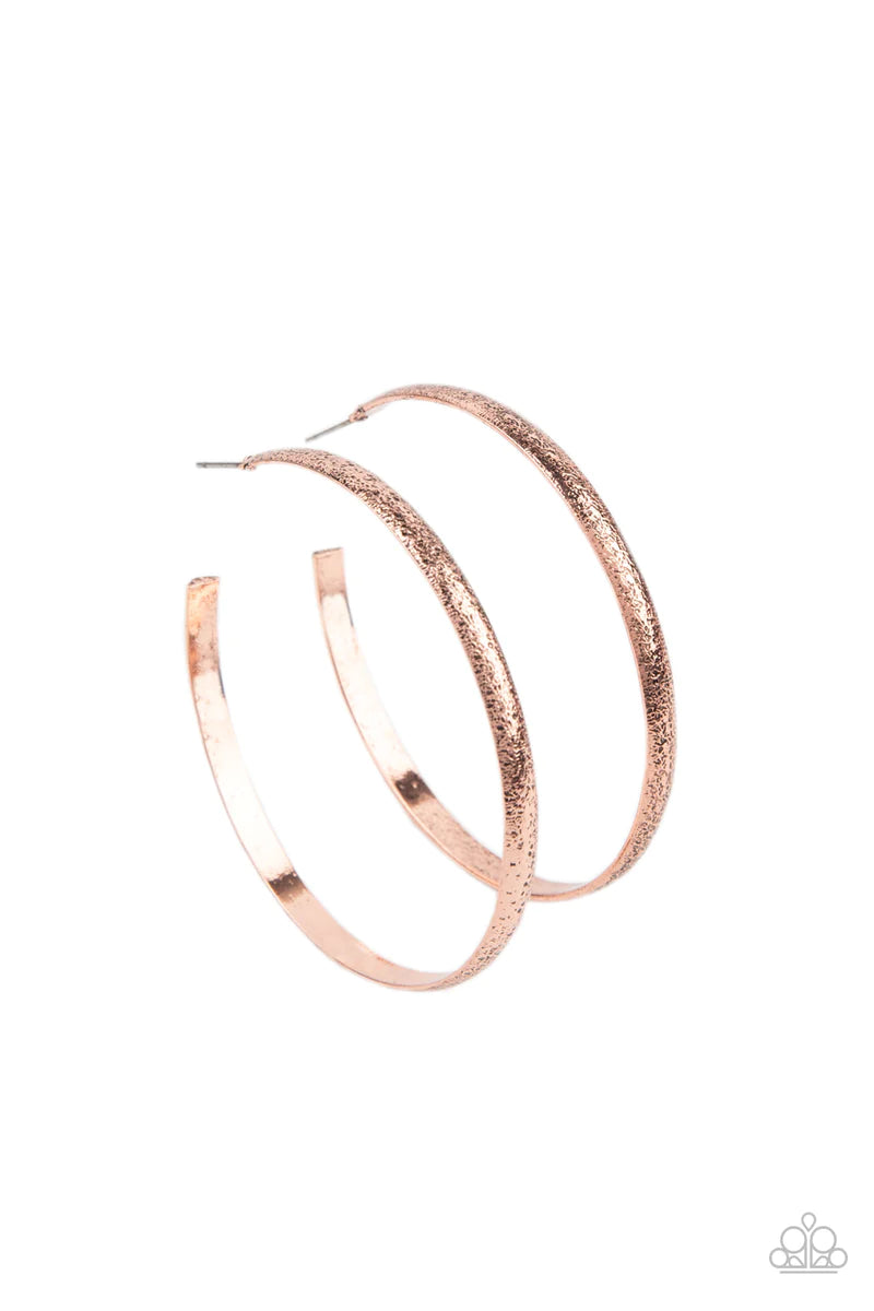 Paparazzi Accessories Rustic Radius - Copper Delicately hammered in rustic shimmer, a shimmery copper bar curls around the ear, creating an oversized hoop. Earring attaches to a standard post fitting. Hoop measures approximately 2 1/4" in diameter. Earrin