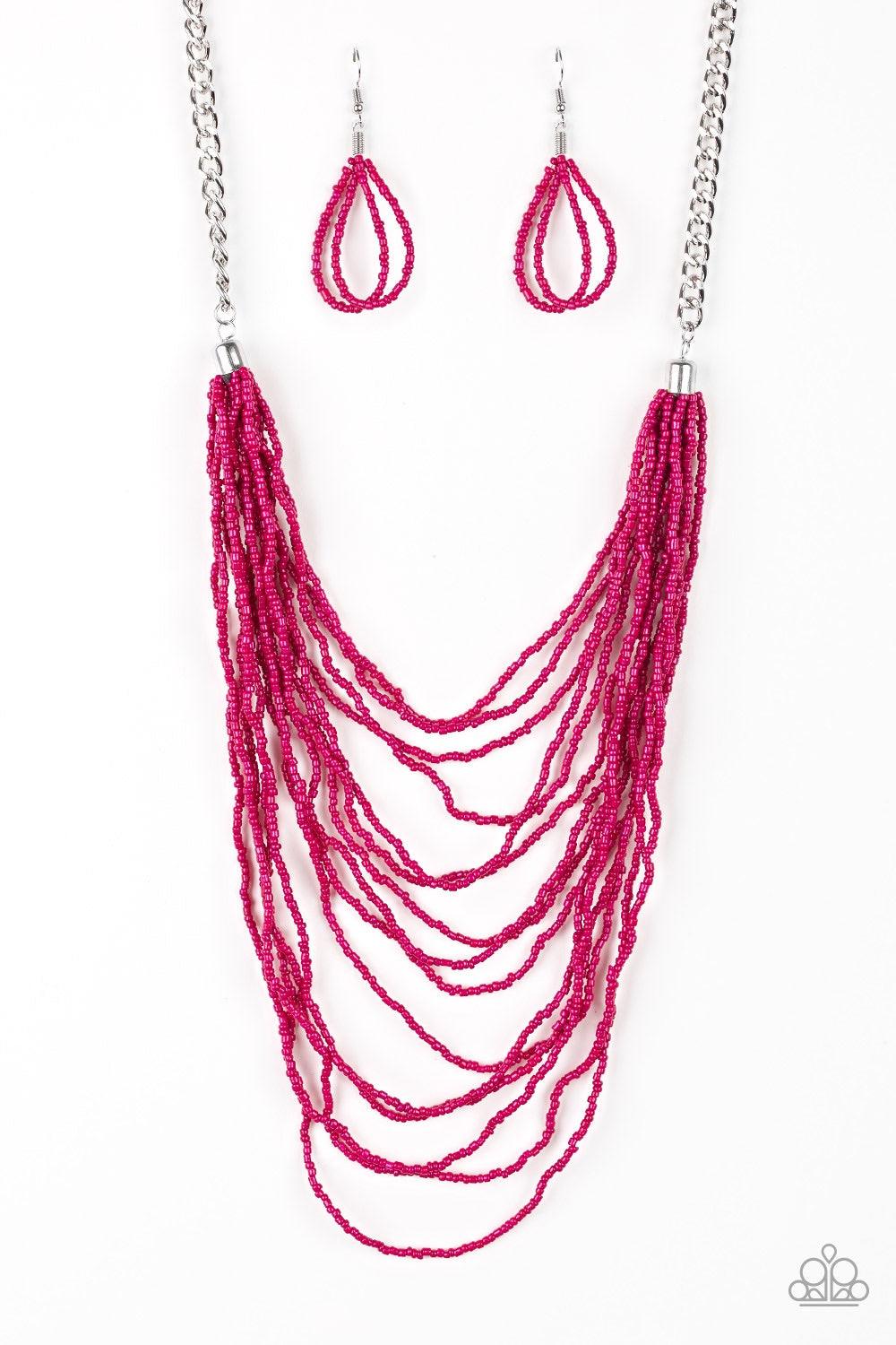 Paparazzi Accessories Bora Bombora - Pink Row after row of pink seed beads cascade down the chest, creating summery layers. Features an adjustable clasp closure. Jewelry