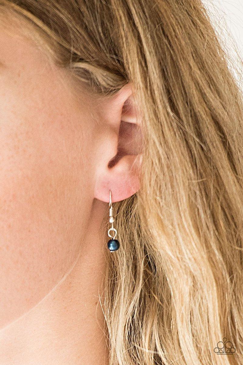 Paparazzi Accessories A Touch of CLASSY - Blue Infused with silver chain, blue pearls are threaded along an invisible wire below the collar. Matching blue pearls and glittery white rhinestones swing from the pearly strand, creating a flirtatious fringe be