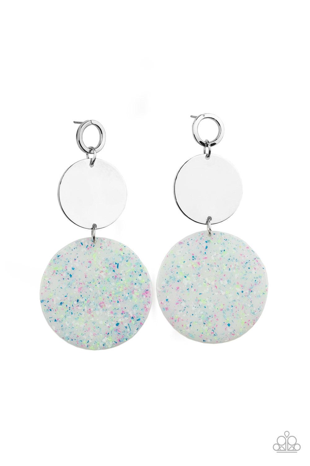 Paparazzi Accessories Beach Day Glow - Blue A speckled acrylic circle swings from the bottom of a glistening silver disc that is attached to an airy circle fitting. The shiny trio links into a colorful lure for a retro look. Earring attaches to a standard