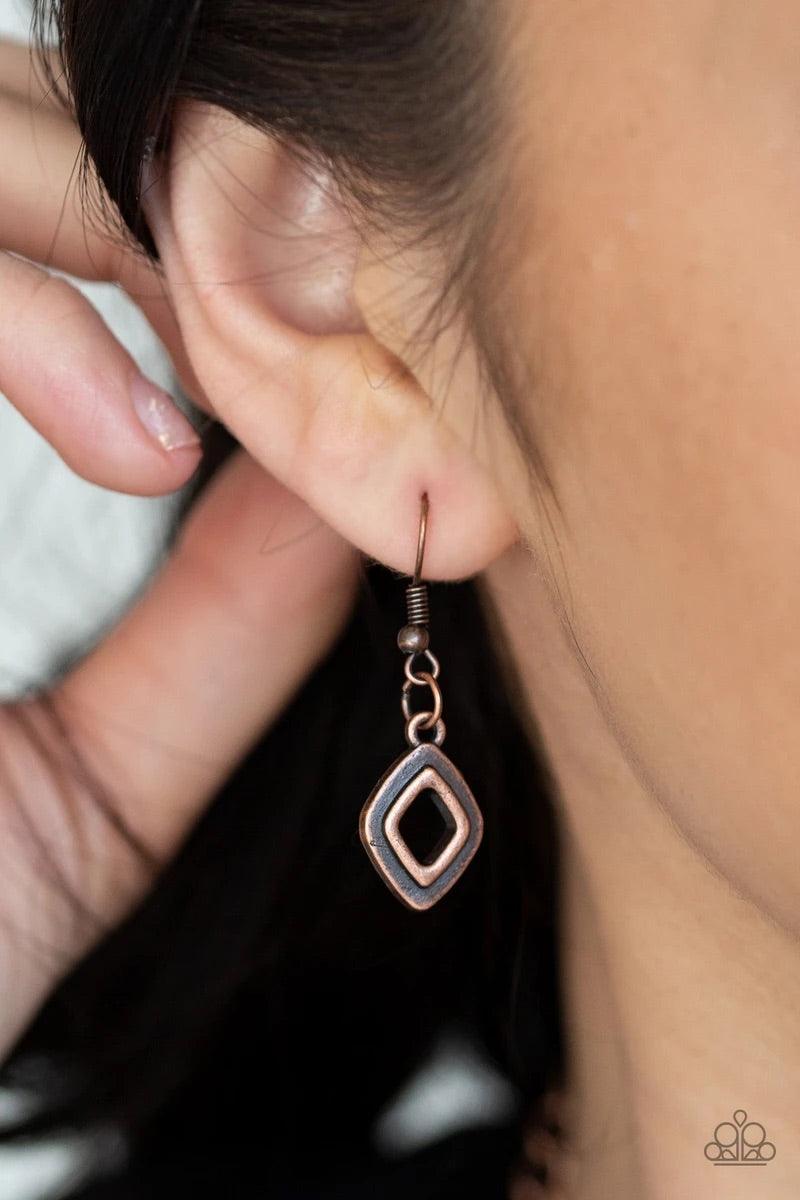 Paparazzi Accessories Geocentric - Multi Brushed in an antiqued shimmer, glistening diamond-shaped copper, brass, and silver frames link below the collar, coalescing into an edgy geometric fringe. Features an adjustable clasp closure.Sold as one individua