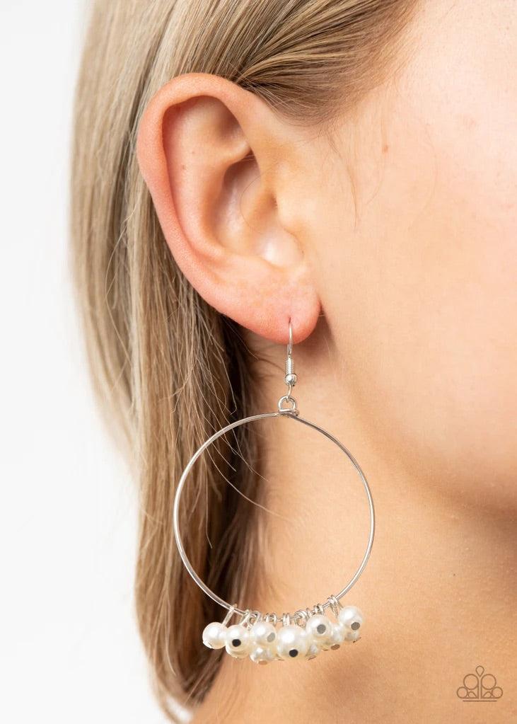 Paparazzi Accessories Things Are Looking UPSCALE - White Bubbly white pearls swing from the bottom of a dainty silver hoop, creating a refined fringe. Earring attaches to a standard fishhook fitting. Jewelry