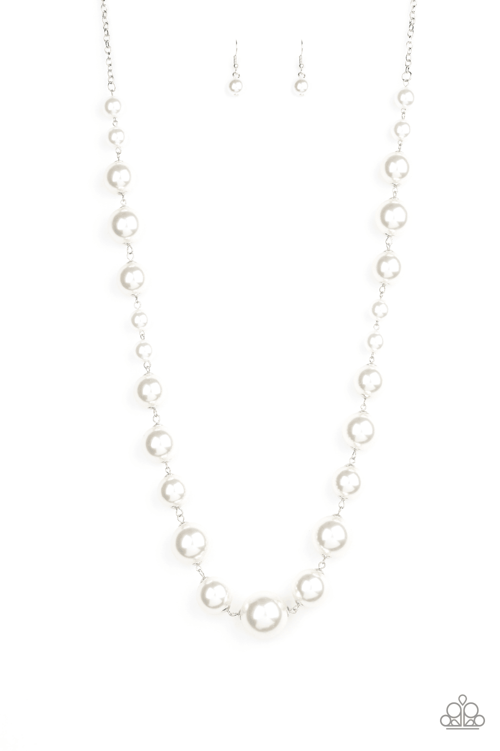 Paparazzi Accessories Pearl Prodigy - White Infused with dainty white pearls, a bubbly collection of over sized pearls link across the chest for a timeless finish. Features an adjustable clasp closure. Jewelry