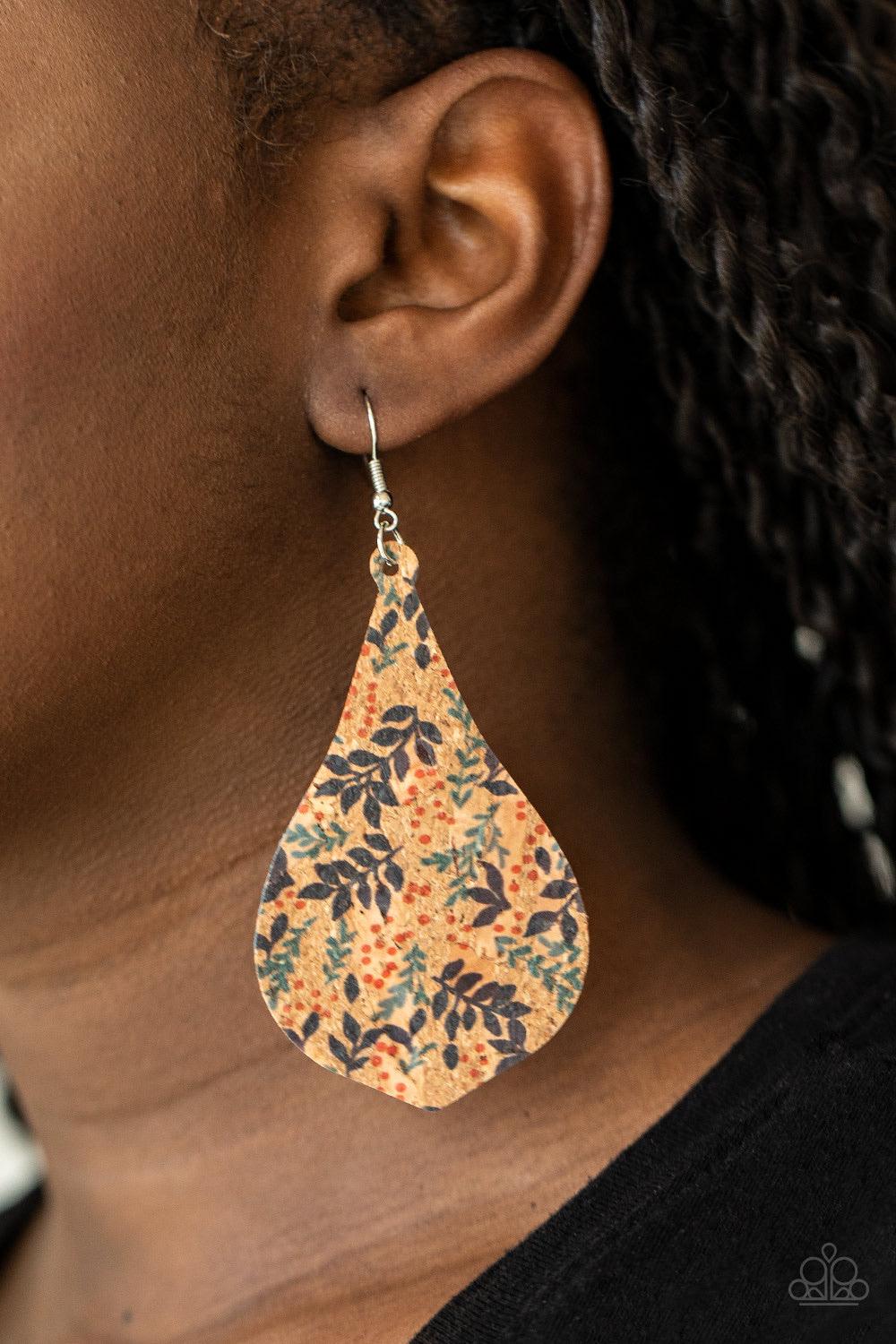 Paparazzi Accessories Cork Coast - Multi Featuring a colorful leafy pattern, a teardrop cork frame swings from the ear for a trendy vibe. Earring attaches to a standard fishhook fitting. Sold as one pair of earrings. Jewelry