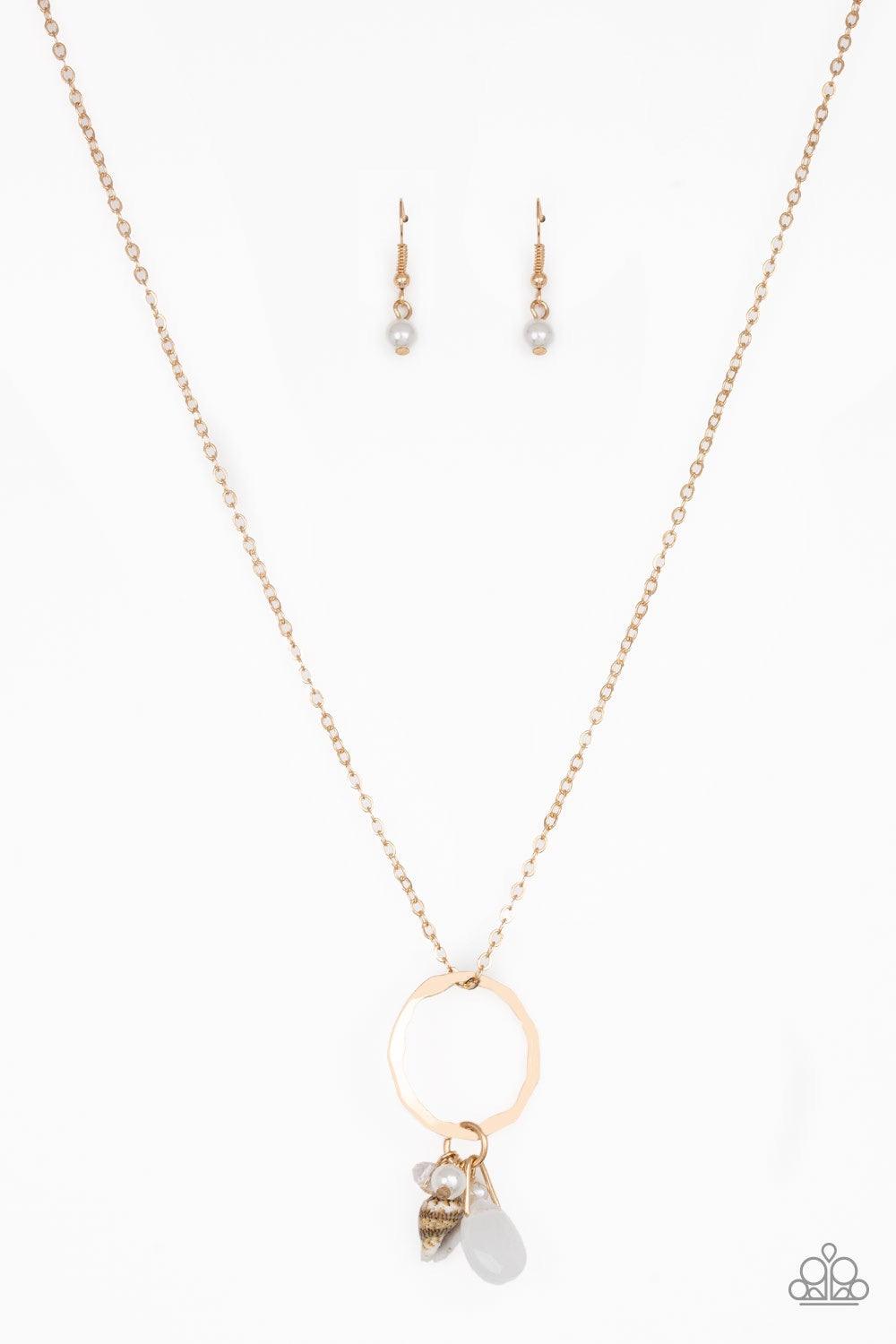 Paparazzi Accessories Coastal Couture - Gold A dainty shell, white crystal-like bead, opaque teardrop, and pearly white beads swing from the bottom of a hammered gold hoop, creating a whimsically clustered pendant below the collar. Features an adjustable