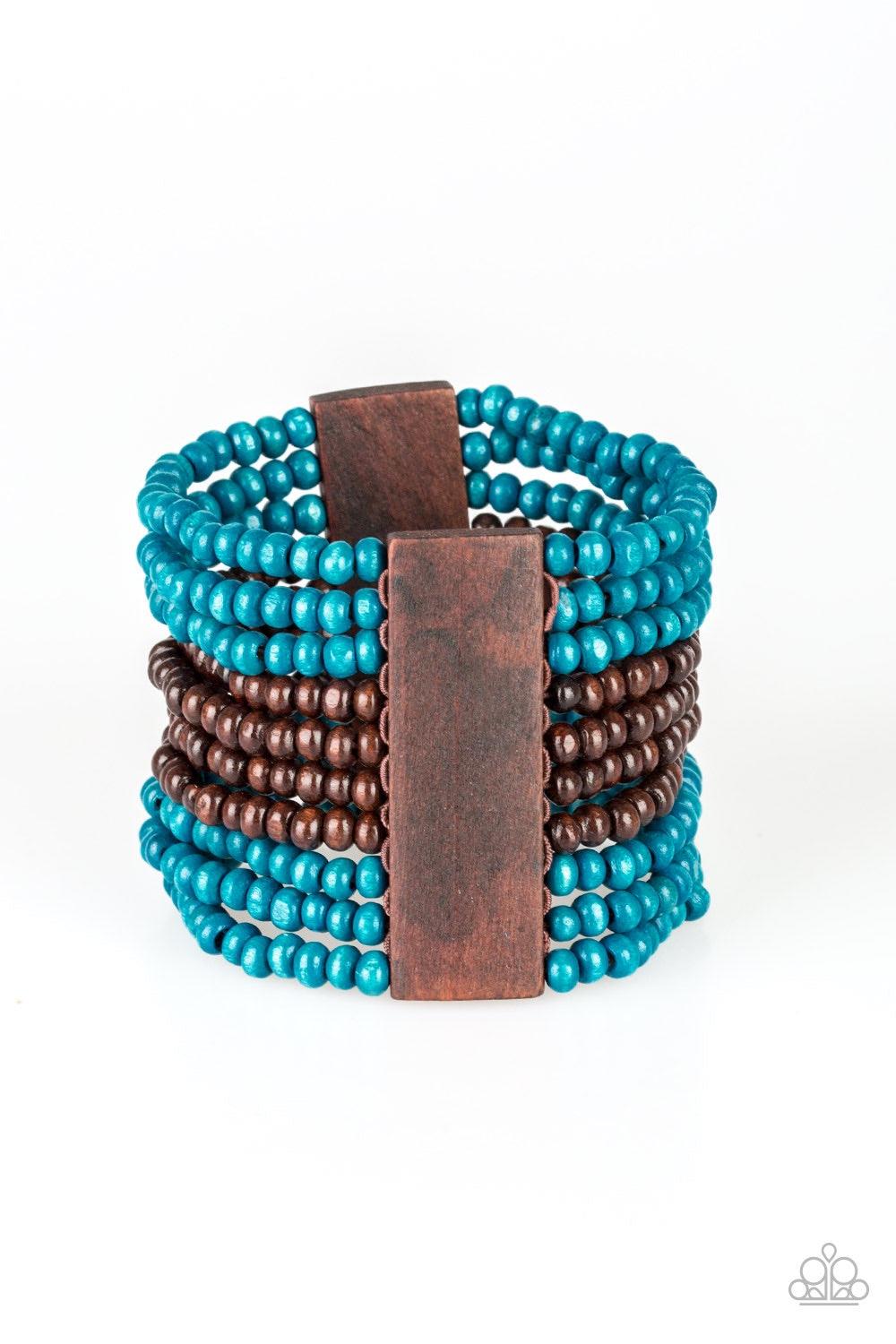 Paparazzi Accessories JAMAICAN Me Jam - Blue Infused with rectangular wooden beads, a collection of blue and brown wooden beads are threaded along stretchy bands for a summery flair. Jewelry