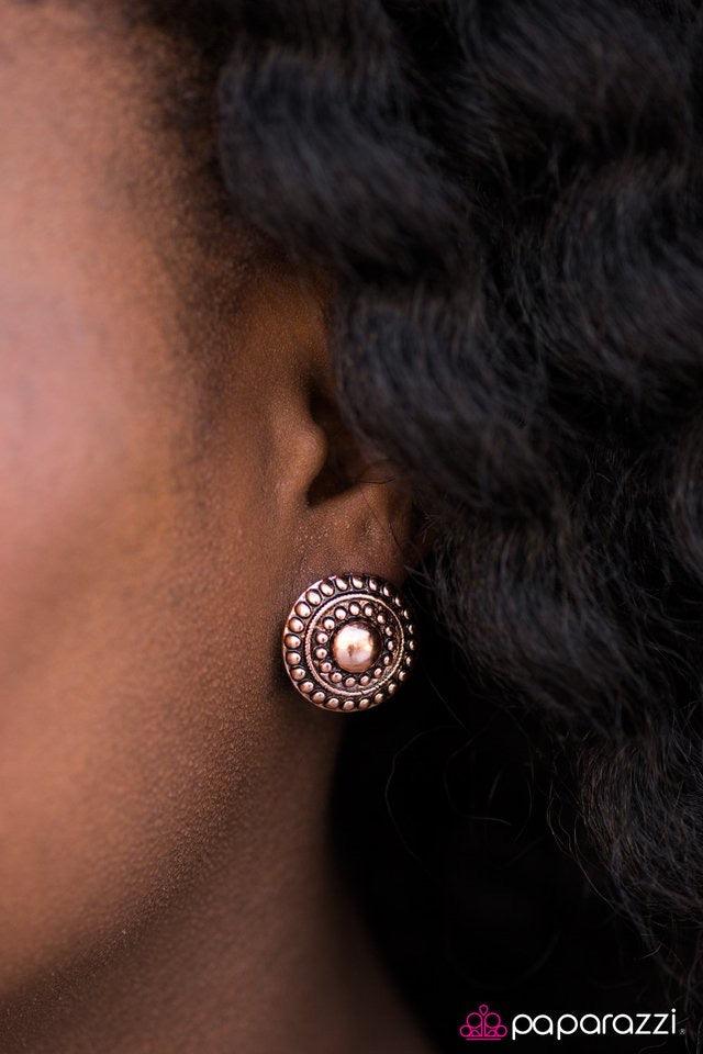 Paparazzi Accessories Call it Karma - Copper Shiny copper studs spin around a shiny copper circle, creating a bright display radiating with shimmery texture. Earring attaches to a standard post fitting. Sold as one pair of post earrings. Jewelry
