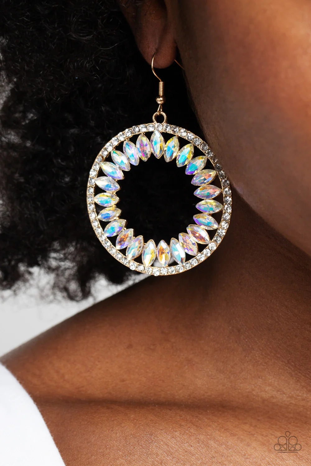 Paparazzi Accessories Wall Street Wreaths - Gold Encircled in a radiant white rhinestone border, iridescent marquise-cut gems spin around the inner circumference of a gold hoop, coalescing into a refined shimmer below the ear. Earring attaches to a standa