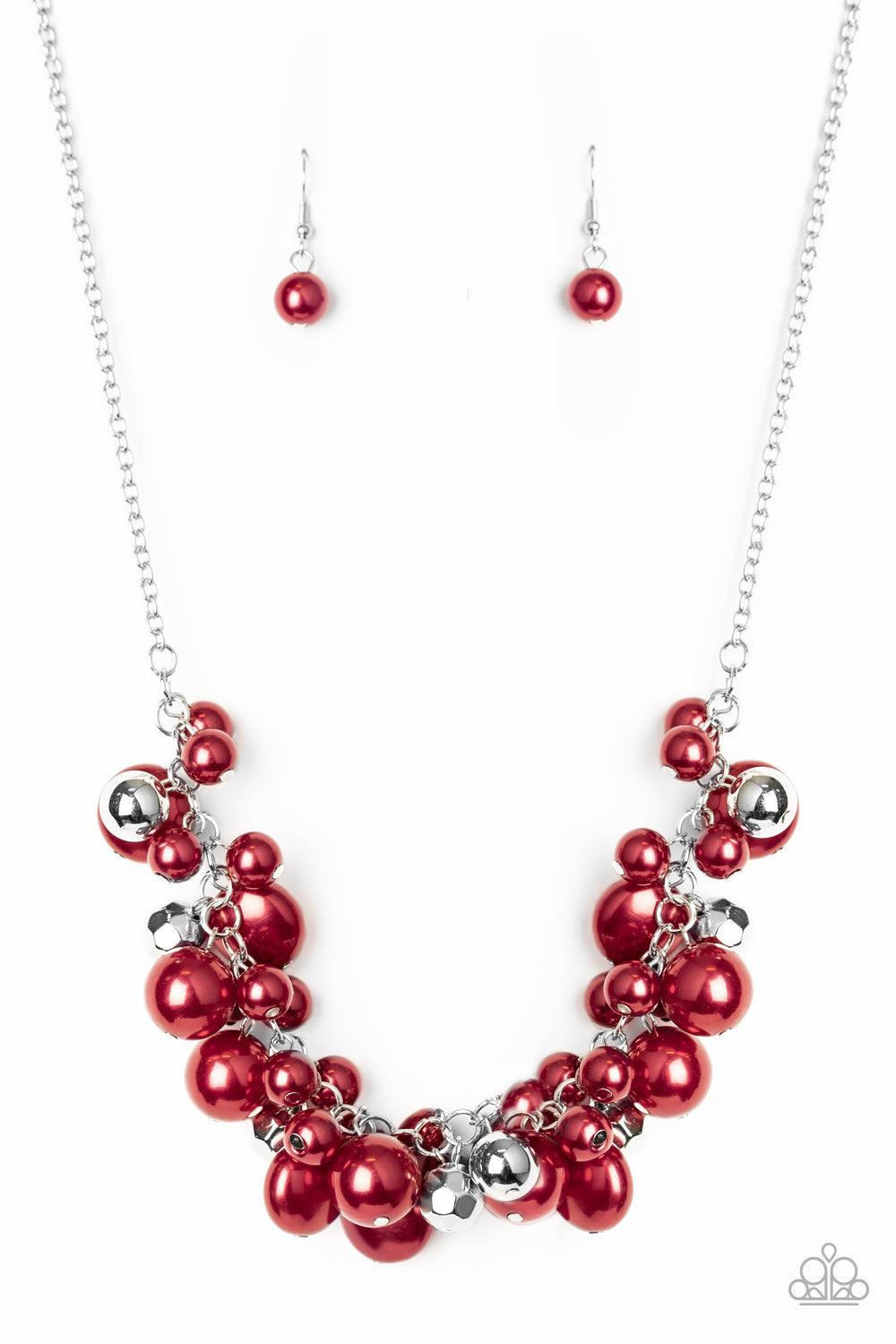 Paparazzi Accessories Battle of the Bombshells - Red Sprinkled with faceted and shiny silver beaded accents, a bubbly collection of round, oval, and flat red pearls cluster below the collar for a statement-making finish. Features an adjustable clasp closu