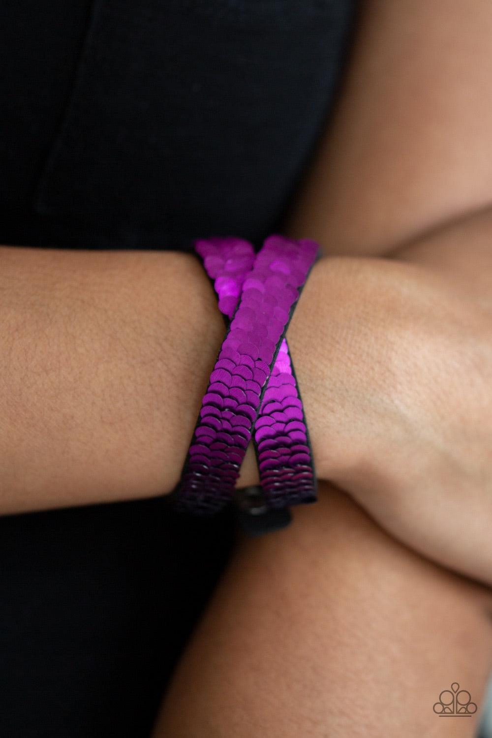 Paparazzi Accessories Under The SEQUINS - Purple Row after row of shimmery sequins are stitched across the front of a lengthened black suede band. The elongated band allows for a trendy double wrap design. Bracelet features reversible sequins that change