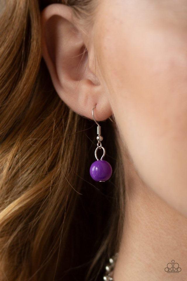 Paparazzi Accessories Walk This Broadway - Purple A collection of bubbly purple beads swing from the bottom of a shimmery silver chain, creating a vivacious fringe below the collar. Features an adjustable clasp closure. Sold as one individual necklace. In