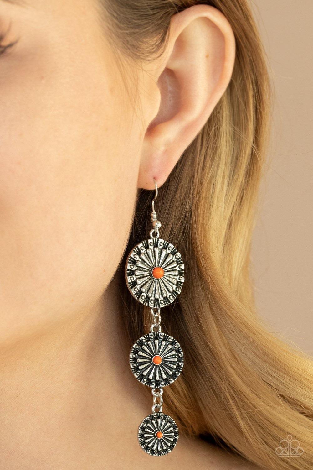 Paparazzi Accessories Festive Floral - Orange Dotted with dainty orange beads, rustic silver floral frames gradually decrease in size as they swing from the ear, creating a colorful lure. Earring attaches to a standard fishhook fitting. Sold as one pair o