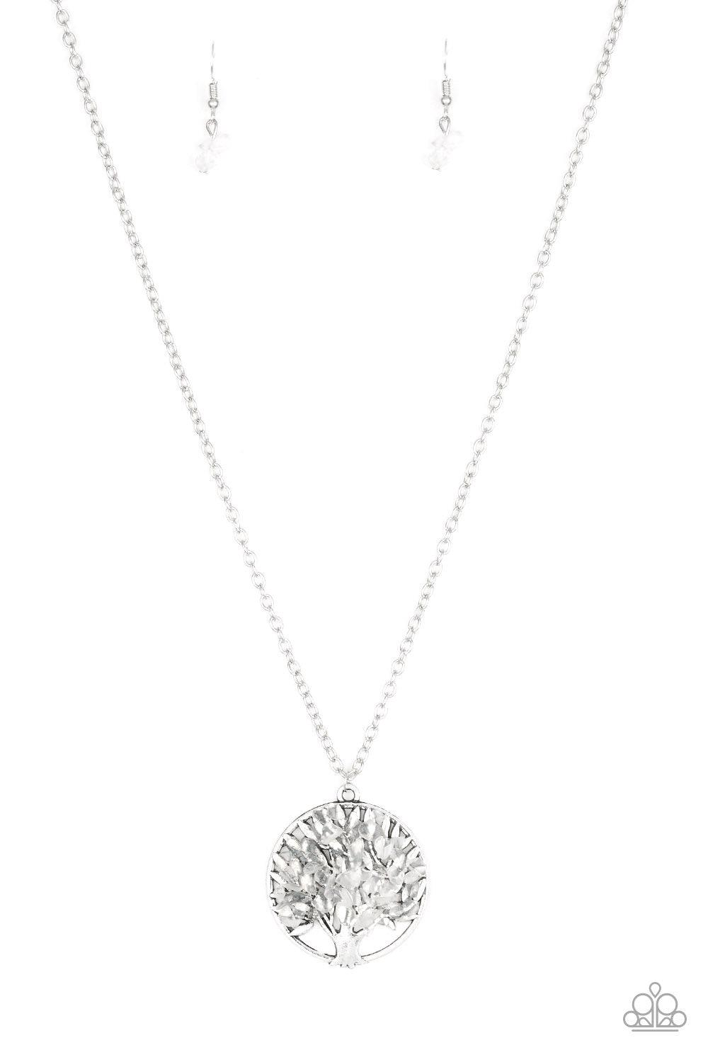 Paparazzi Accessories Naturally Nirvana - White Bits of white rock are sprinkled along a shimmery silver tree pendant, creating colorful leaves. Features an adjustable clasp closure. Jewelry