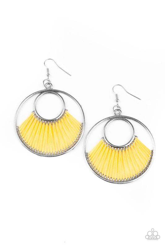 Paparazzi Accessories Really High-Strung - Yellow Golden yellow thread loops through the bottoms of a small and large silver hoop, creating a colorfully fanned-out pattern. Earring attaches to a standard fishhook fitting. Sold as one pair of earrings. Jew