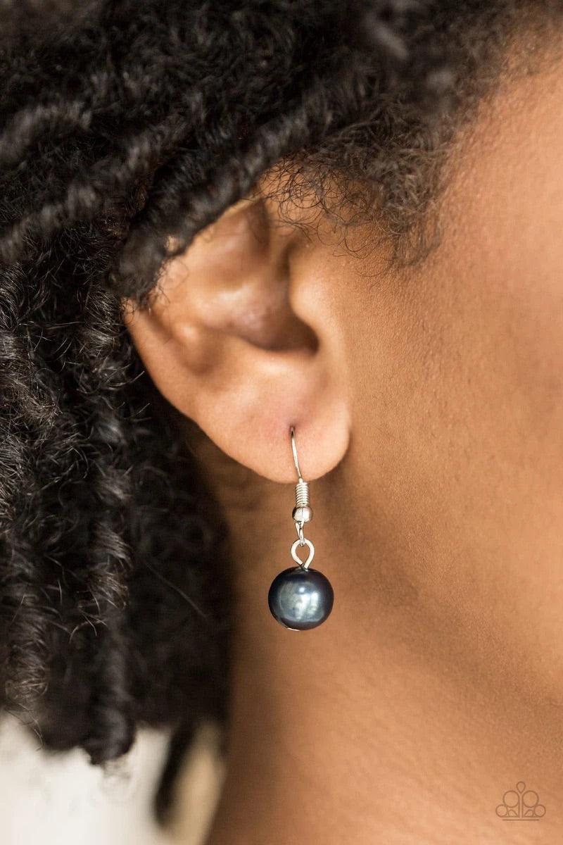 Paparazzi Accessories Party Dress Princess - Blue Pearly blue beads and shimmery silver hoops trickle along glistening silver chains, creating mismatched layers down the chest. Features an adjustable clasp closure. Jewelry