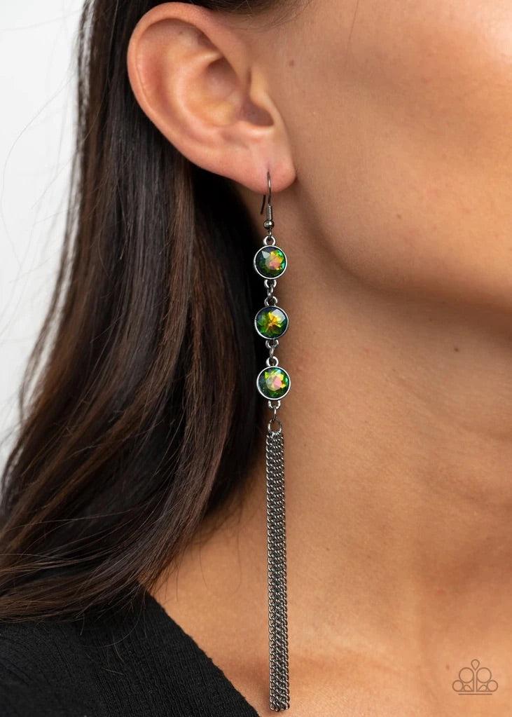 Paparazzi Accessories Moved To TIERS - Multi A shimmery silver chain tassel swings from the bottom stack of three glittery multi-color "oil spill" rhinestones, creating a fabulously tiered look. Earring attaches to a standard fishhook fitting. Sold as one