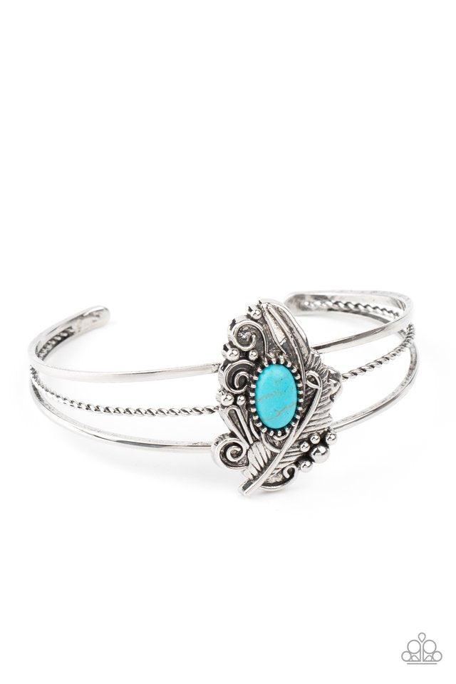Paparazzi Accessories Sahara Solstice - Blue Dotted with a refreshing turquoise stone accent, a decorative silver feather frame is pressed into the center of an ornately layered cuff for a whimsical vibe. Sold as one individual bracelet. Jewelry