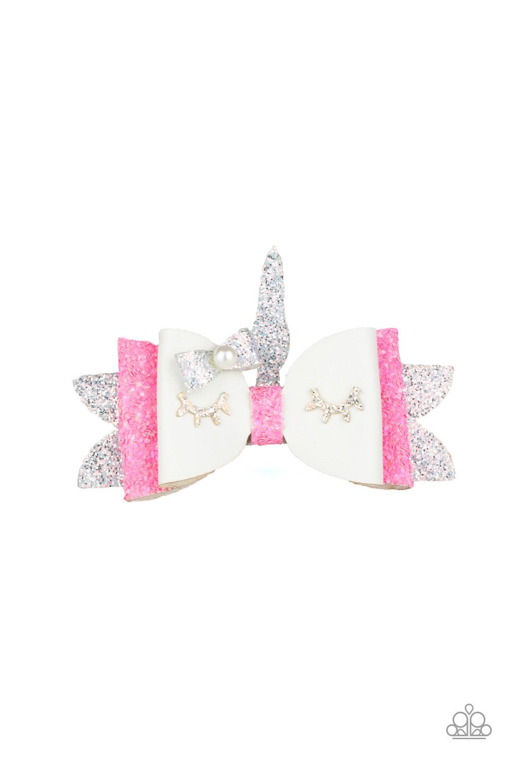 Paparazzi Accessories All Rainbows And Unicorns - White A sparkling silver horn crowns a glittery silver, pink, and white hair bow. Featuring glittery eyelashes and a pearl dotted bow, the colorful suede ribbons delicately knot into an adorable unicorn. F