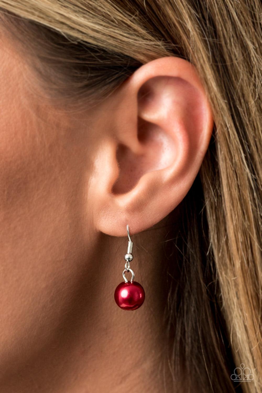 Paparazzi Accessories Battle of the Bombshells - Red Sprinkled with faceted and shiny silver beaded accents, a bubbly collection of round, oval, and flat red pearls cluster below the collar for a statement-making finish. Features an adjustable clasp closu