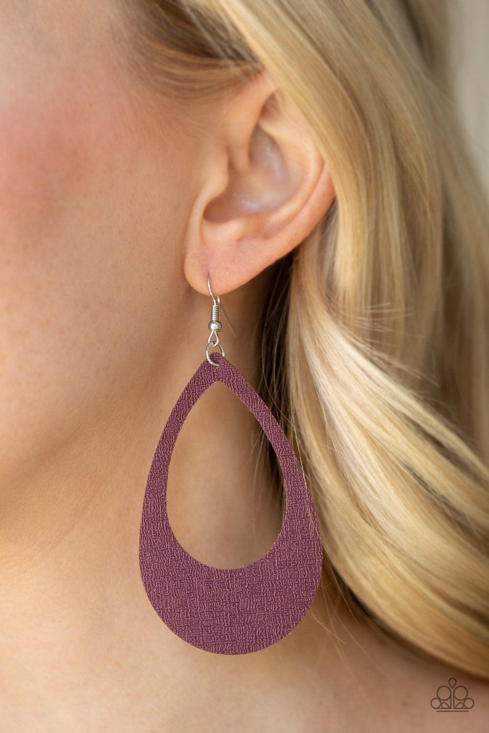 Paparazzi Accessories What A Natural - Purple Brushed in a shiny purple finish, a textured leather teardrop frame swings from the ear for a trendy look. Earring attaches to a standard fishhook fitting. Jewelry