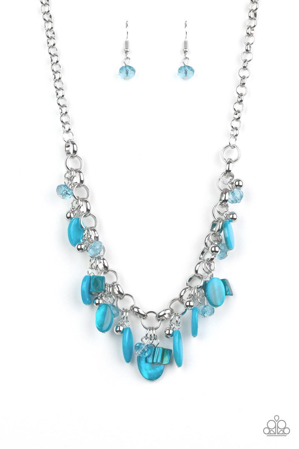 Paparazzi Accessories I Want to SEA the Word - Blue A collection of blue shell-like beads, blue crystal-like beads, and shiny silver beads swing from a bold silver chain, creating a whimsical fringe below the collar. Features an adjustable clasp closure.