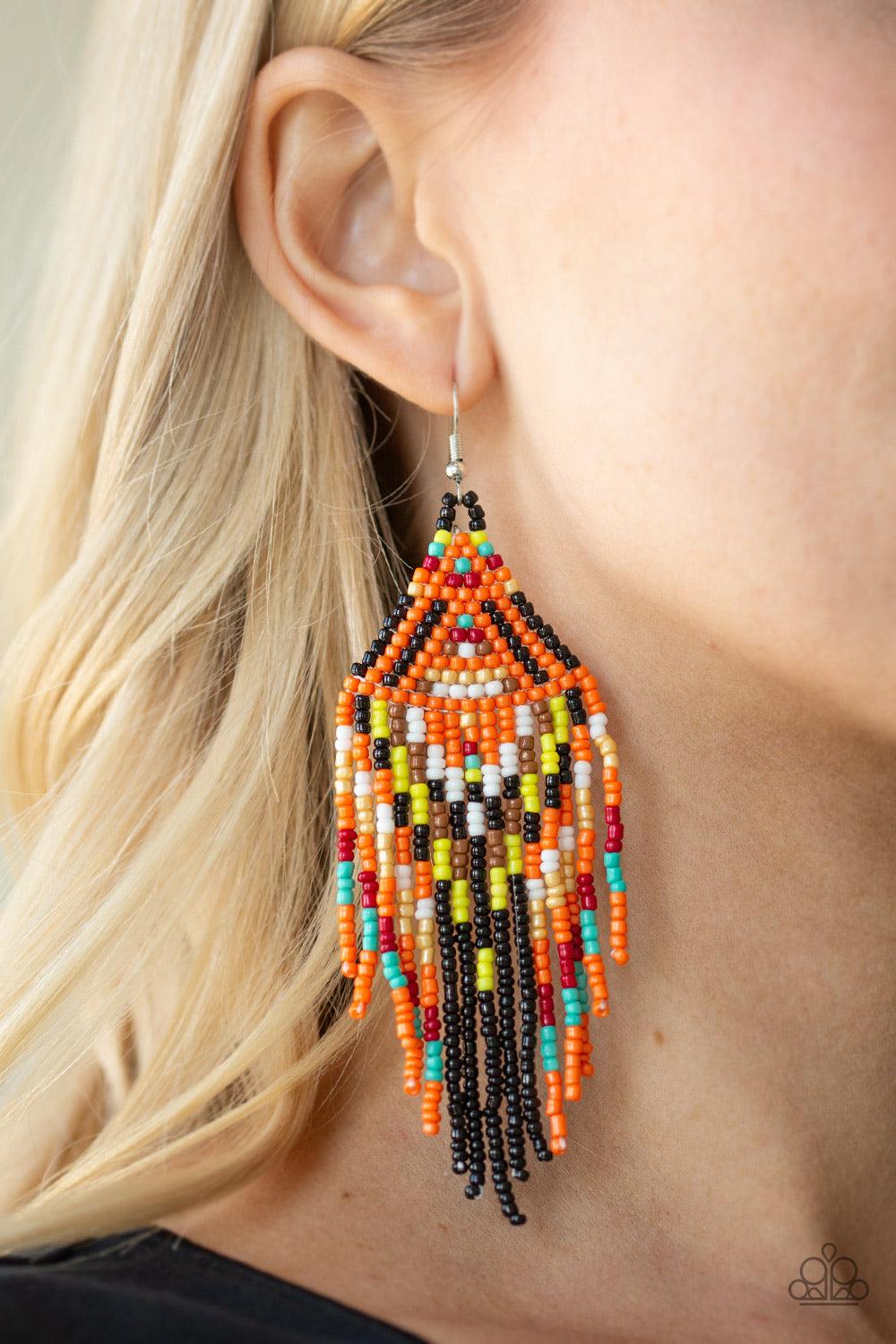 Paparazzi Accessories Boho Blast - Black Featuring black, blue, yellow, red, orange, brown, and golden seed beads, dainty beaded tassels swing from a beaded triangular frame for a colorful tribal look. Earring attaches to standard fishhook fitting. Jewelr