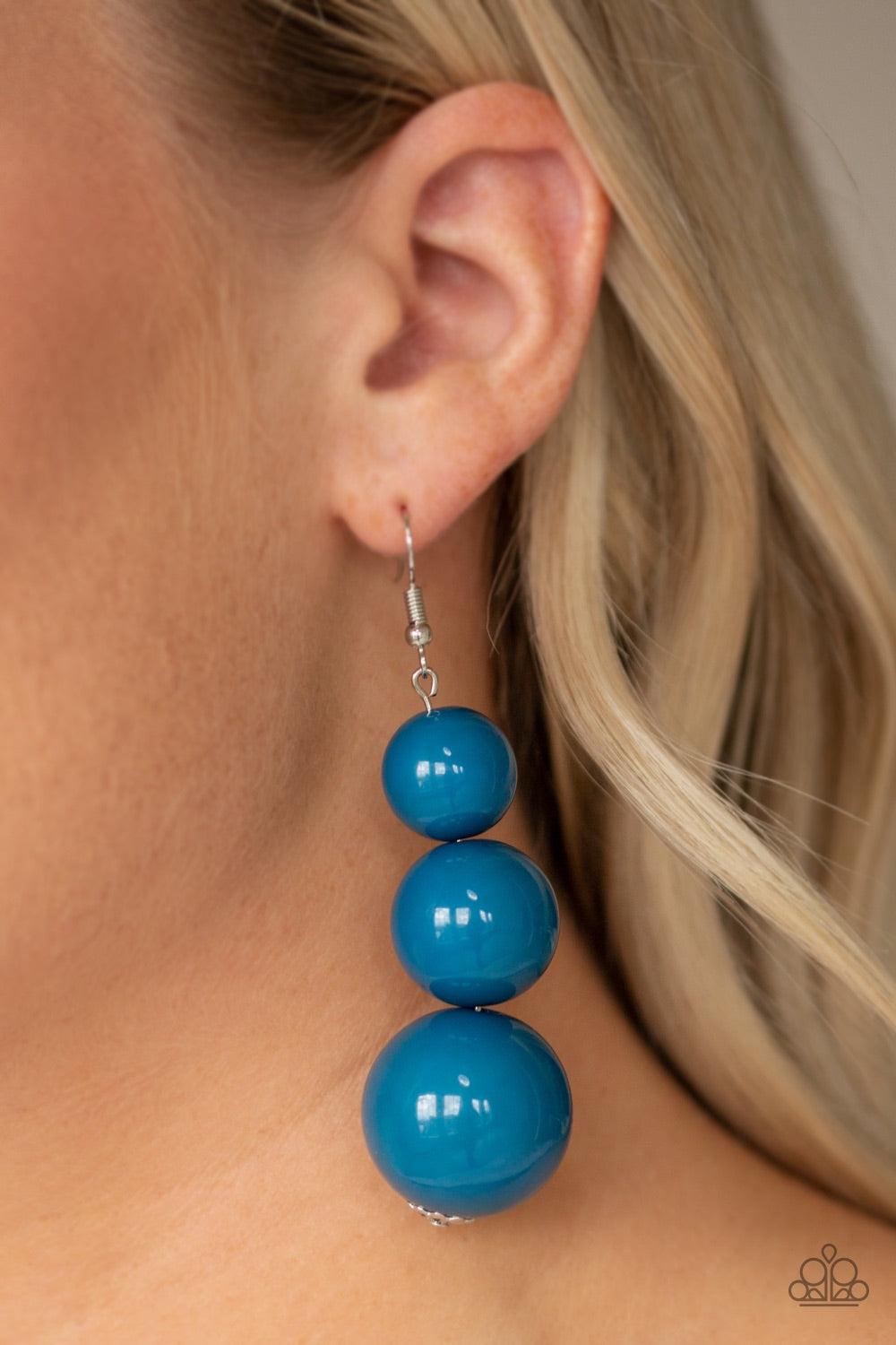 Paparazzi Accessories Material World - Blue Oversized blue beads gradually increase in size as they drip from the ear, coalescing into a colorful statement piece. Earring attaches to a standard fishhook fitting. Jewelry