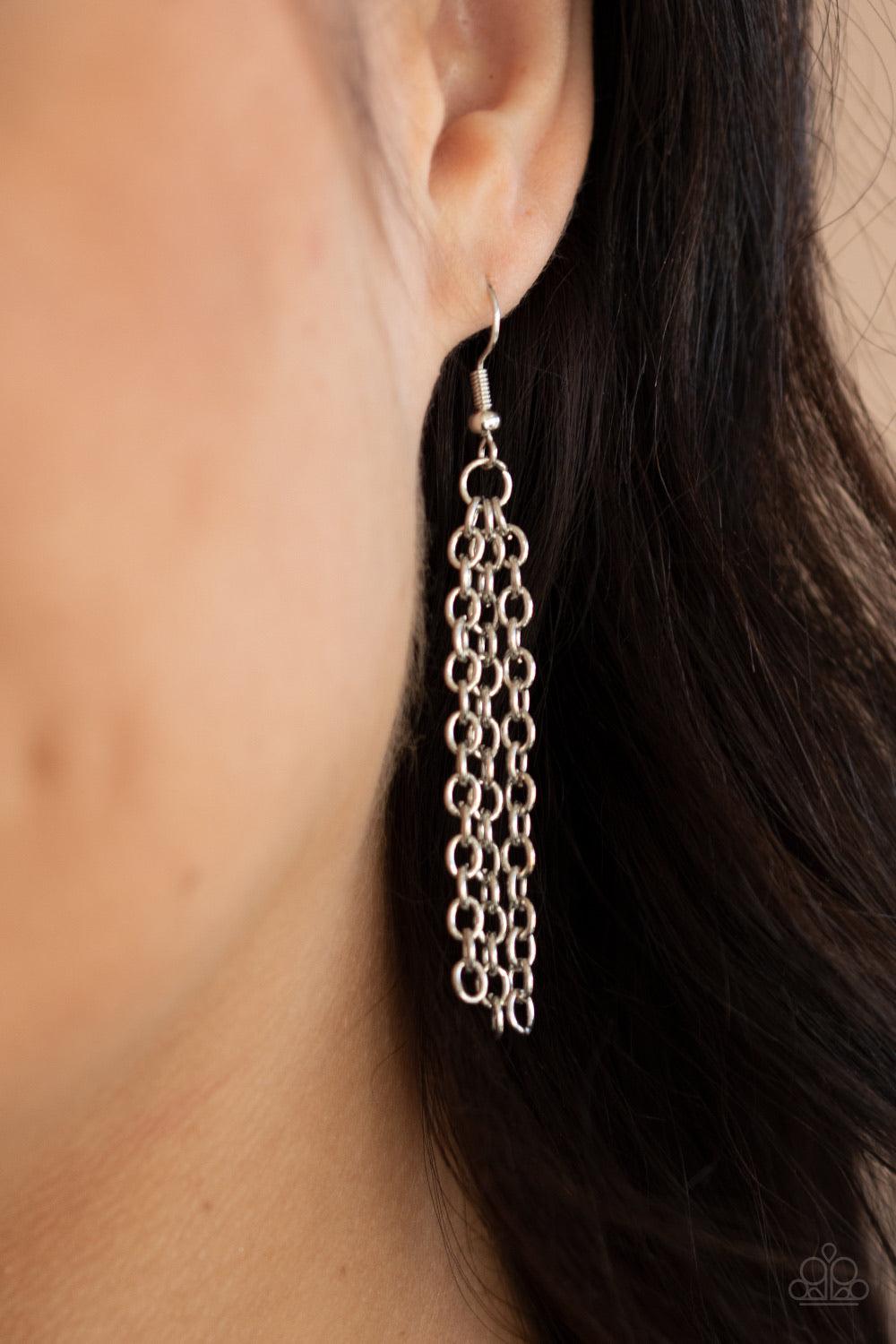 Paparazzi Accessories Powerhouse Party - Blue Gradually increasing in size at the center, a shiny collection of antiqued silver ovals join into bubbly plates that interlock below the collar. Dainty round and teardrop French Blue rhinestones dot the bottom